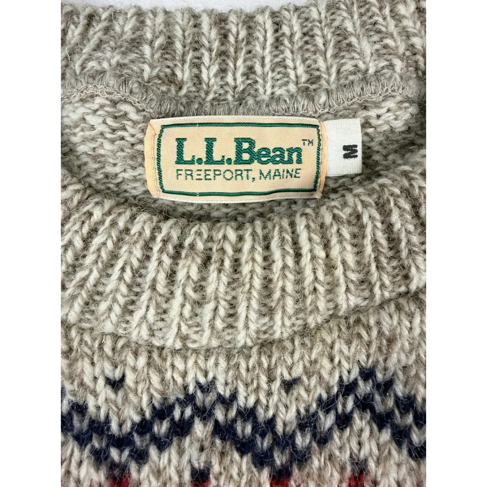 LL Bean Freeport Maine Vintage Wool Sweater Nordic Fair Isle Beige Mens M